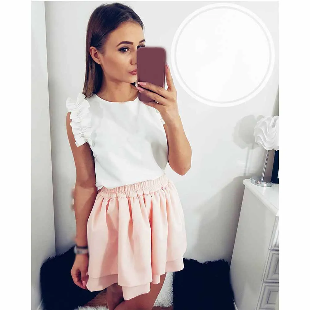 Tide Vogue Pop Tide красивые летние модные женские повседневные блузки с круглым вырезом без рукавов с оборками рубашки сексуальные тонкие однотонные топы с оборками