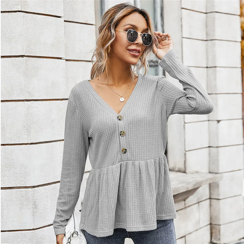 

2020 New Autumn Waffle Oversize T Shirt Top Women Casual Button Solid V Neck Ruffles Simple Top
