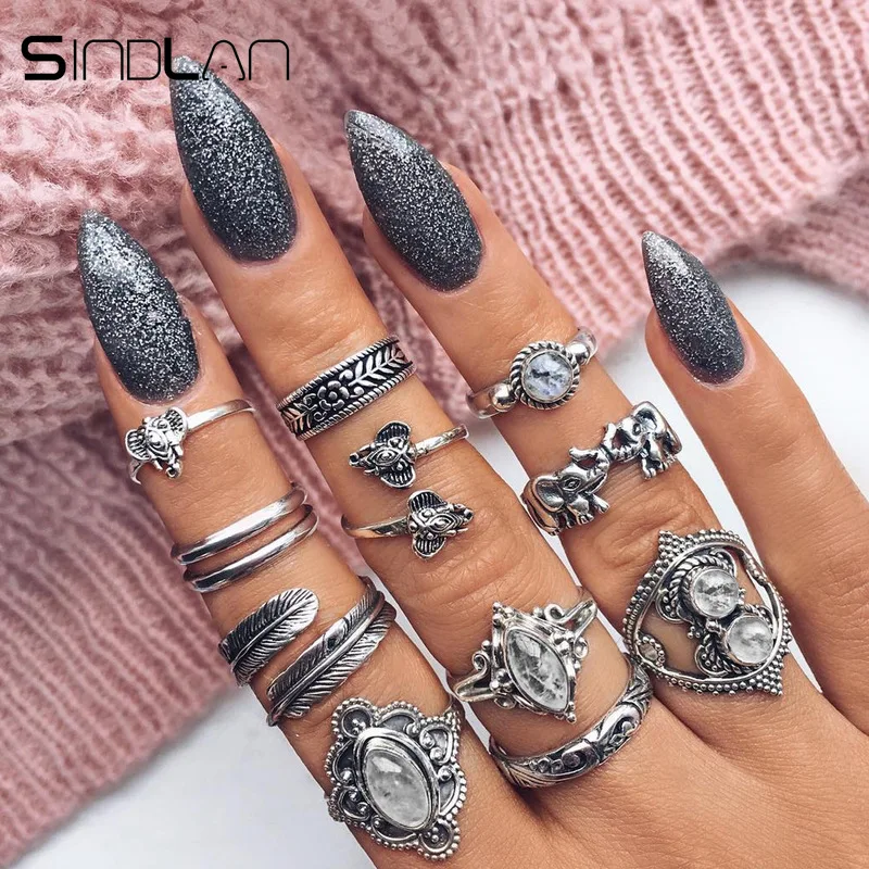 

Sindlan 11PCs Reteo Silver Opal Elephant Joint Finger Ring Set Rhinestone Punk Rings for Women Cool Fashion Charm Ring Jewelry