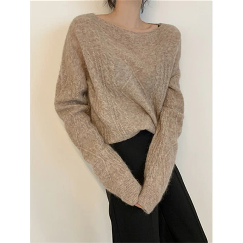 

Women's Knit Short Pullovers Fall Elegance Minimalist Casual Loose O-neck Twist Solid Color Sweaters Female Bottoming Clothes