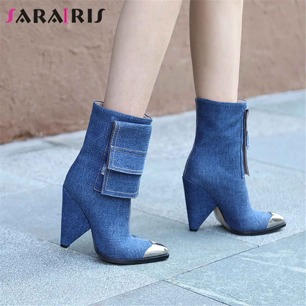 

SARAIRIS Brand New Design Denim Ankle Boots 2019 Ladies Spike High Heels Pointed Toe Shoes Woman Casual Party Sexy Boots Women