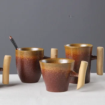 

Japanese-style Wooden Handle Ceramic Cup Coffee Mug Rust Glaze Tea Milk Beer Mug Home Office Drinkware