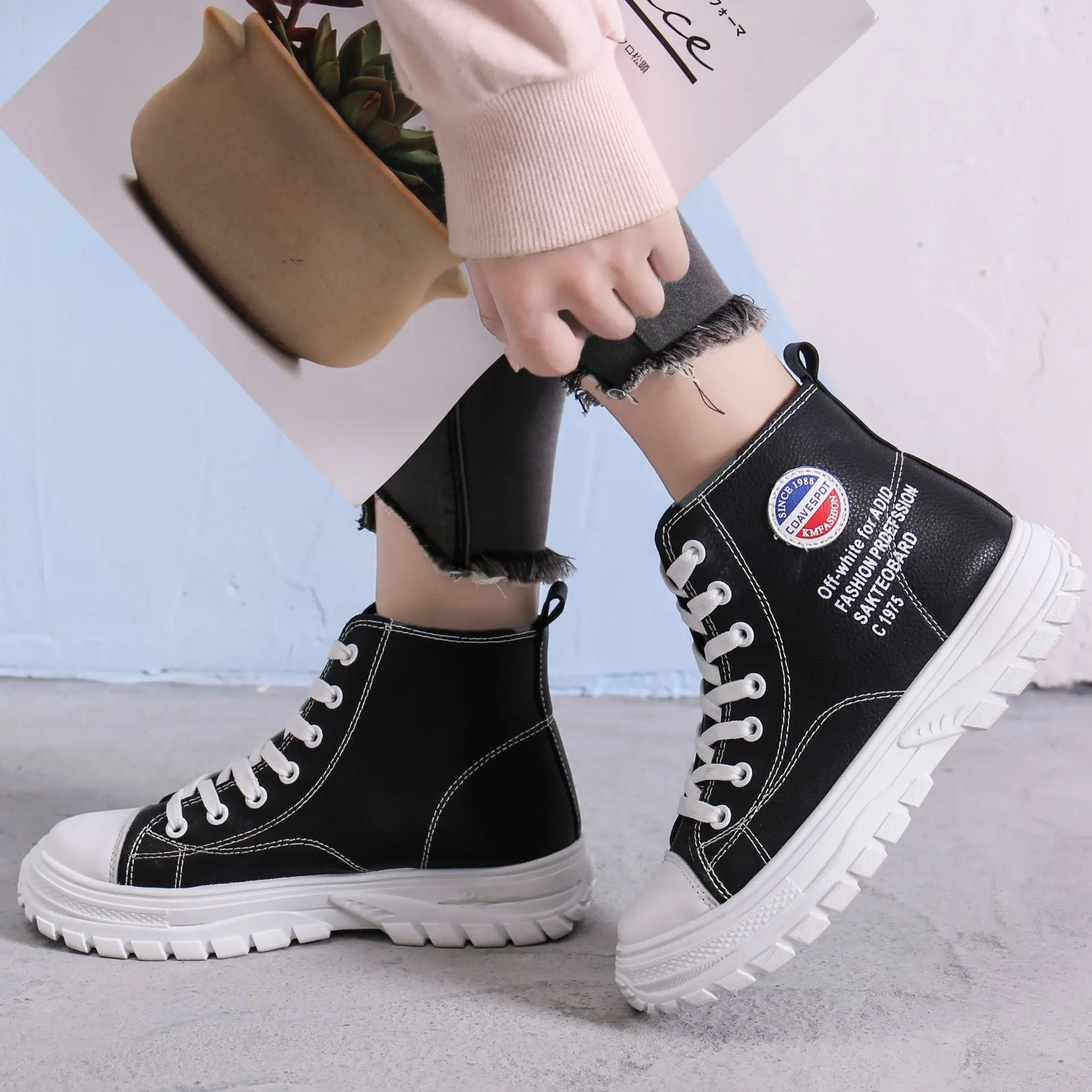 

High-Top Shoes Women's 2019 Autumn And Winter plus Velvet Trend WOMEN'S Shoes Students Casual Versatile Hot Selling Shoes Thick