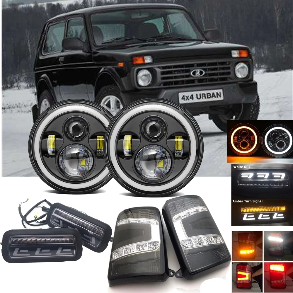 

for Lada Niva 4x4 1995+ Car Halo 7Inch Round Headlight + DRL Amber Turn Signal Light +Led Rear Light Taillights Combo
