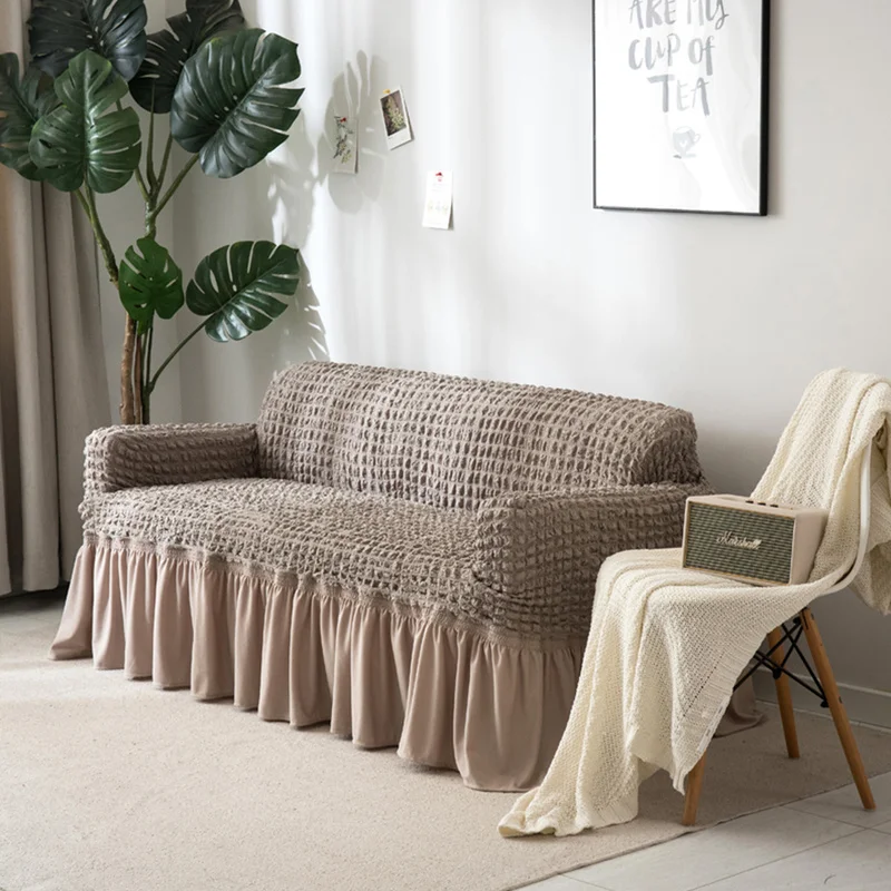 

Full Sofa Cover with Elastic Skirt 3 Sizes Solid Europe Polyester Single Double Three Seat for Living Room Bedroom Couch Covers