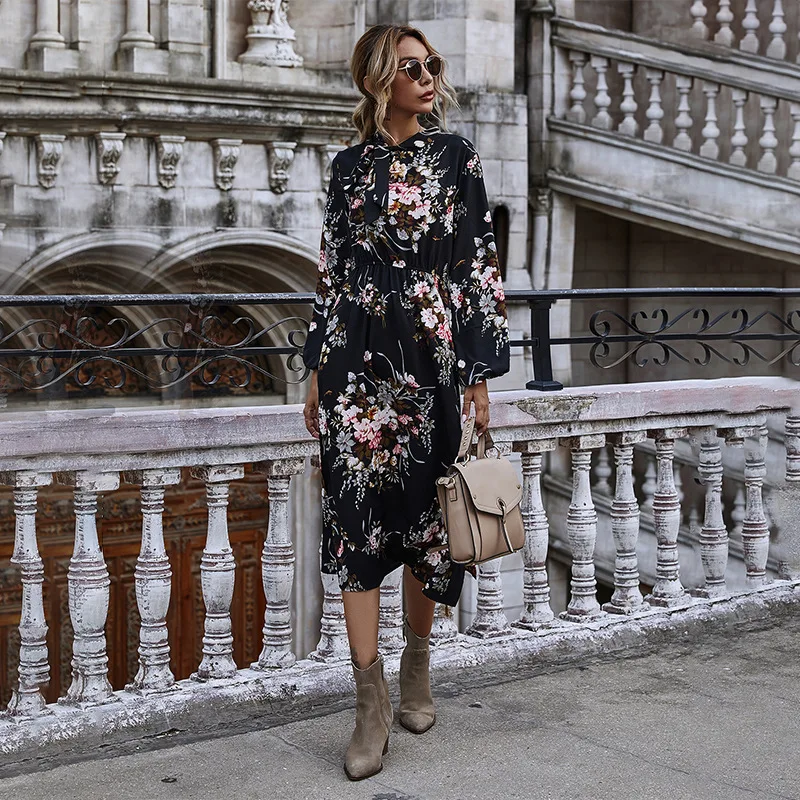 Floral-Dress Puff-Sleeve Collar Women Casual Autumn Winter Stand Bow High-Wasit New