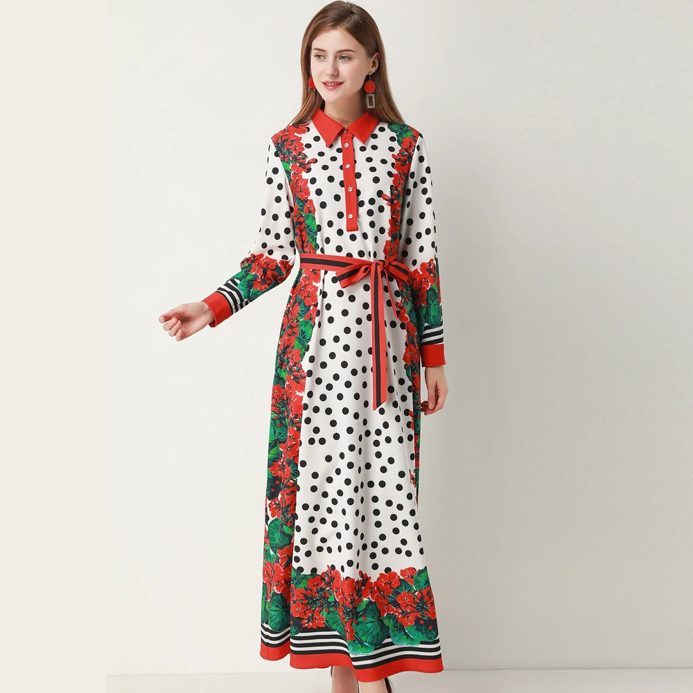 GoodliShowsi, новинка весны, женское длинное макси платье, в горошек, цветочный принт, отложной воротник, с поясом, пасторальный отдых, элегантное платье