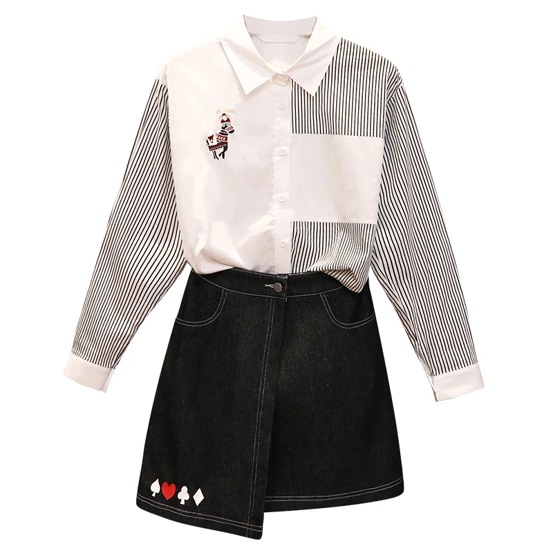 

Plus Size L -4XL Women Loose Stripe Shirt Top With Irregular Denim Skirt Two Pcs Suits Fall Spring Outfits Vestido