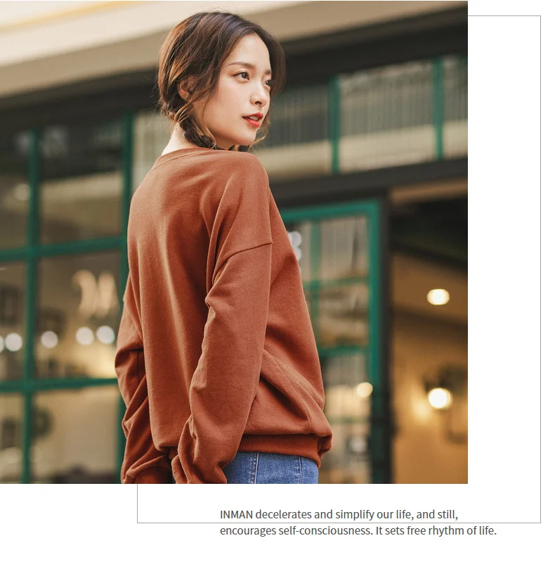 INMAN Winter New Arrival Literary 100%Cotton O-neck Personality Drop-shoulder SLeeve Loose Women Sweatshirts