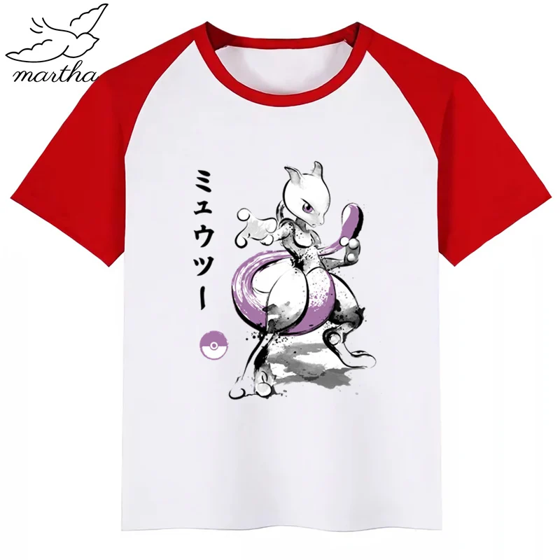 Футболка для мальчиков и девочек с принтом «Mewtwo» и акварельными чернилами; Футболка с принтом «Покемон злодей»; детская забавная футболка с героями мультфильмов; детские летние топы; одежда для малышей - Цвет: RedA