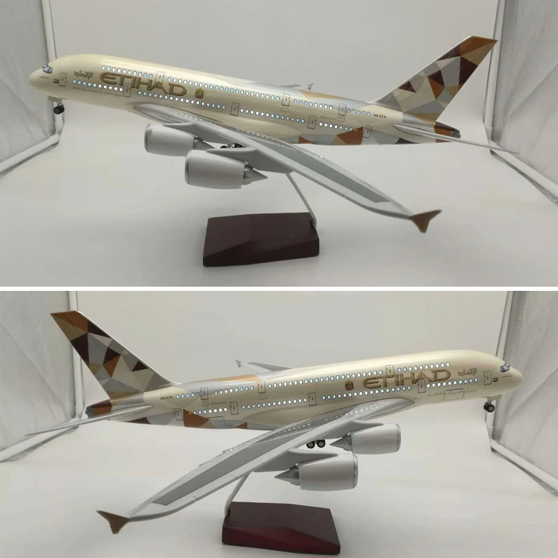1/160 масштаб 45 см ETIHAD Airline A380 модель самолета из пластиковой смолы с светильник и колесом для коллекционного подарка