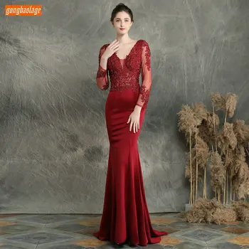 

Fashion Burgundy Mermaid Prom Dresses Long Sleeves Lace Appliqued Beaded V Neck Formal Dress Girls Banquet Women Evening Gowns
