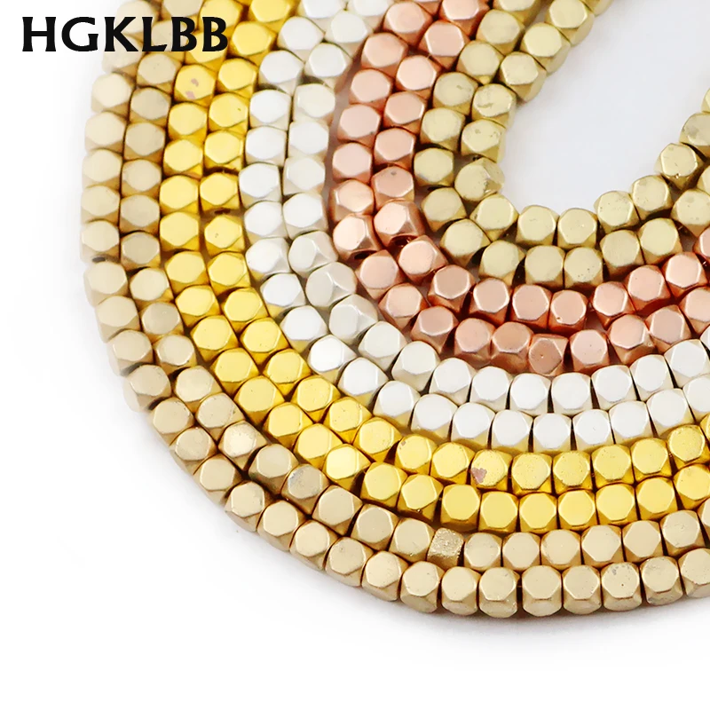 HGKLBB натуральный матовый камень граненые Квадратные золотые гематитовые бусины 3
