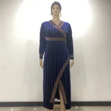 

Spring Woman Dress Velvet Warm Soft Newest Design Elegant Belt Detailed Islamic Muslim Abaya Dress Shinny Diamond Plus Size