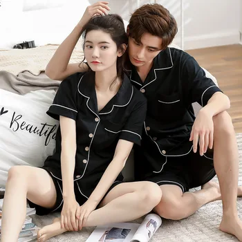 

Summer Pure Cotton Couples Pajamas WOMEN'S Cardigan Short Sleeve Shorts Casual Men Tracksuit Two-Piece Set Thin Solid Color