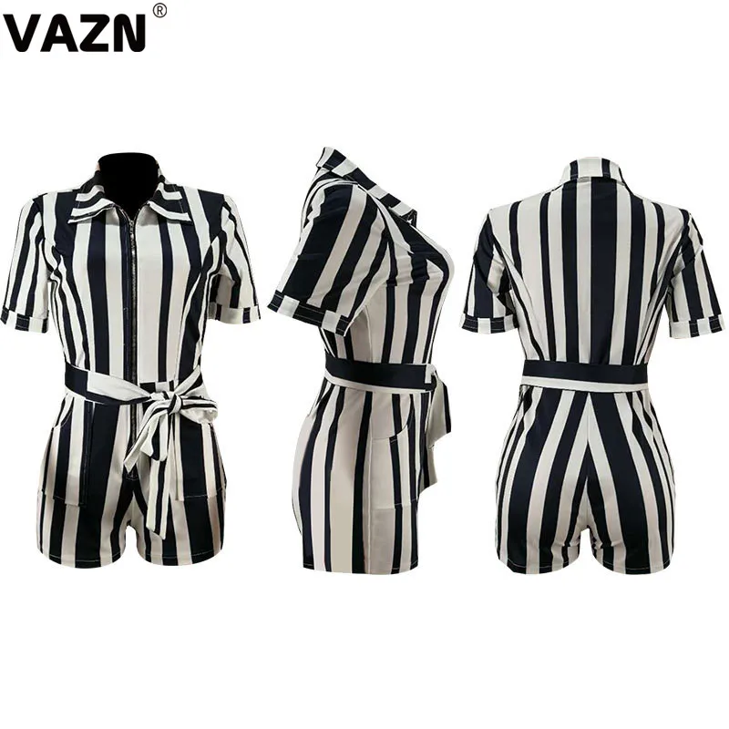 VAZN GHM16094 шикарные летние сексуальные женские 3 цвета короткий комбинезон с коротким рукавом на молнии модные пояса полосатый комбинезон простой комбинезон