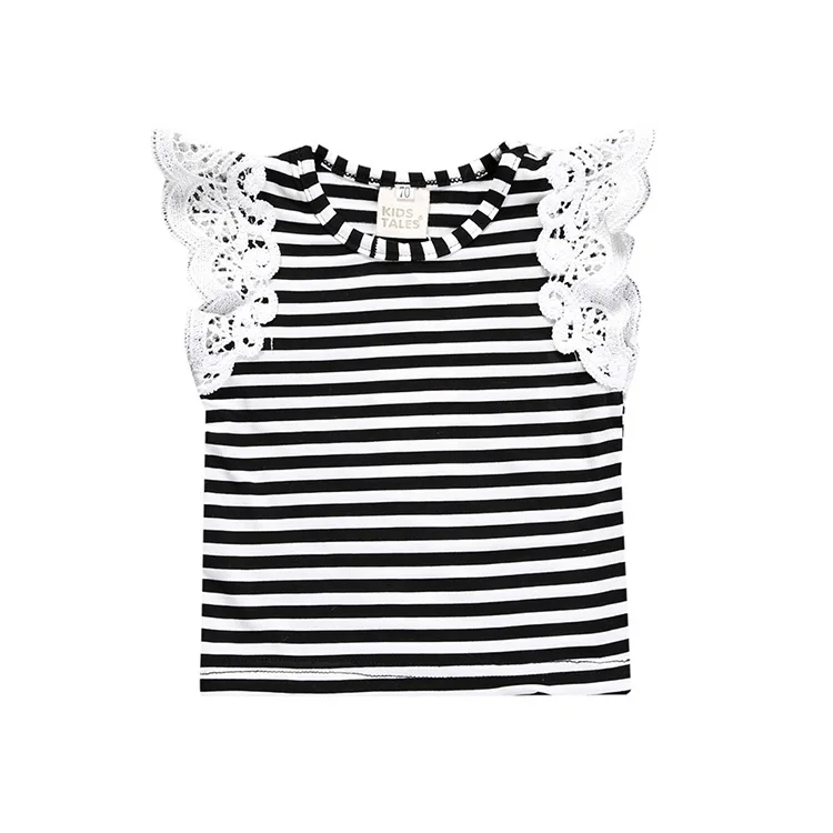 От 0 до 4 лет хлопковая кружевная рубашка с рукавами-крылышками для маленьких девочек Детский мягкий жилет в полоску для девочек топы с бретельками для малышей, футболки, летняя одежда