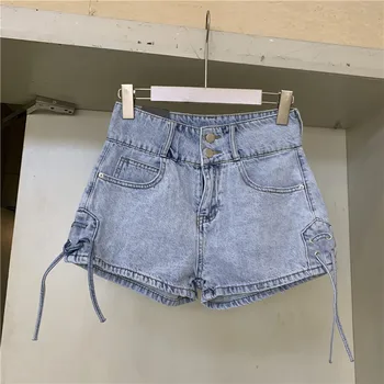 

2020 New Summer Shorts Women Vintage Washed Lace-up Denim Shorts Cotton Loose High Waist Double Button Denim Hot Pants Female