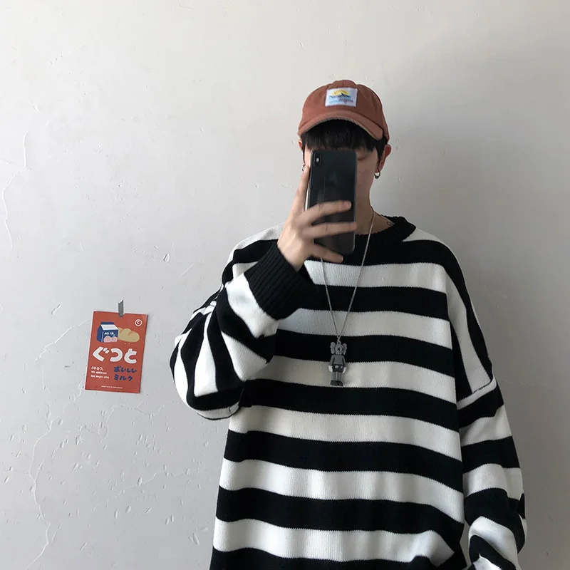 Белый ARCSINX мужской свитер размера d, 3XL, Модный Harajuku Полосатый пуловер для мужчин, повседневный мужской свитер размера плюс, Мужской пуловер с длинным рукавом - Цвет: Белый