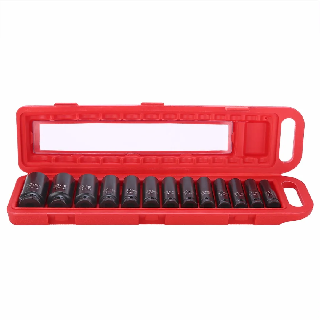 13pcs Impact Socket Set 1/2" 10-32mm Universal Socket Metric Drive Deep Socket Set Wrench for Air Pneumatic Tool Repair Tools