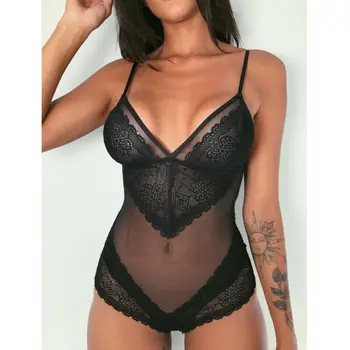 

Sexy Bodysuit Women Floral Embroidery Hollow Out Lace Bodysuit Mesh Babydoll Teddy Lingerie Underwear Jumpsuit Overalls