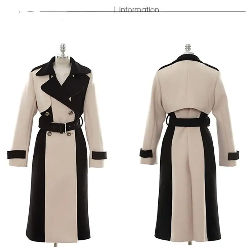 

Women Autumn Winter Loose Patchwork Woolen Jacket Elegant Warm Wool Blend Coat Button Female With Belt Long Coat