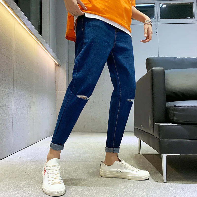 Casual Hole Men Jeans Fashion Slim Ankle Length Denim Pants Solid Jeans Homme Big Size