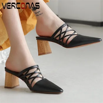 

VERCONAS Women Slippers Pointed Toe Genuine Leather Mules Classic Design Thick Heel Sandals Office Shoes Thick Heels Shoes Woman