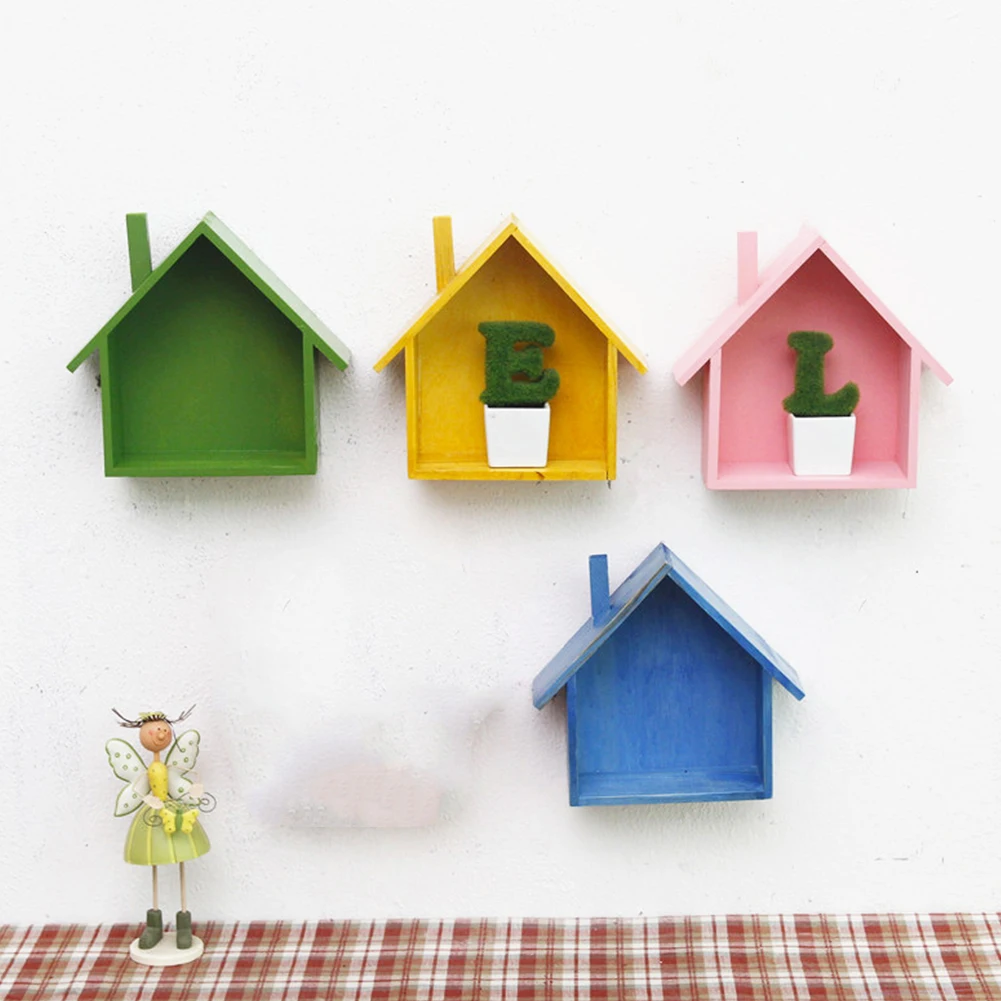 

Durable Easy install Wall Mounted living Room Bedroom House Shaped Craft Painted Ornament Natural Wooden Storage Shelf