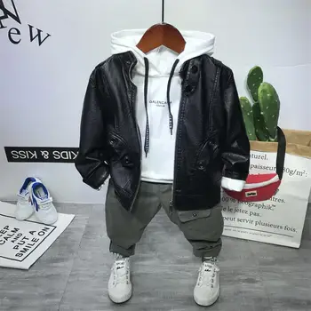 

3PCS WLG boys fashion clothing set kids autumn black PU jacket white hoodie and pant set baby boy all match clothes 2-7 years
