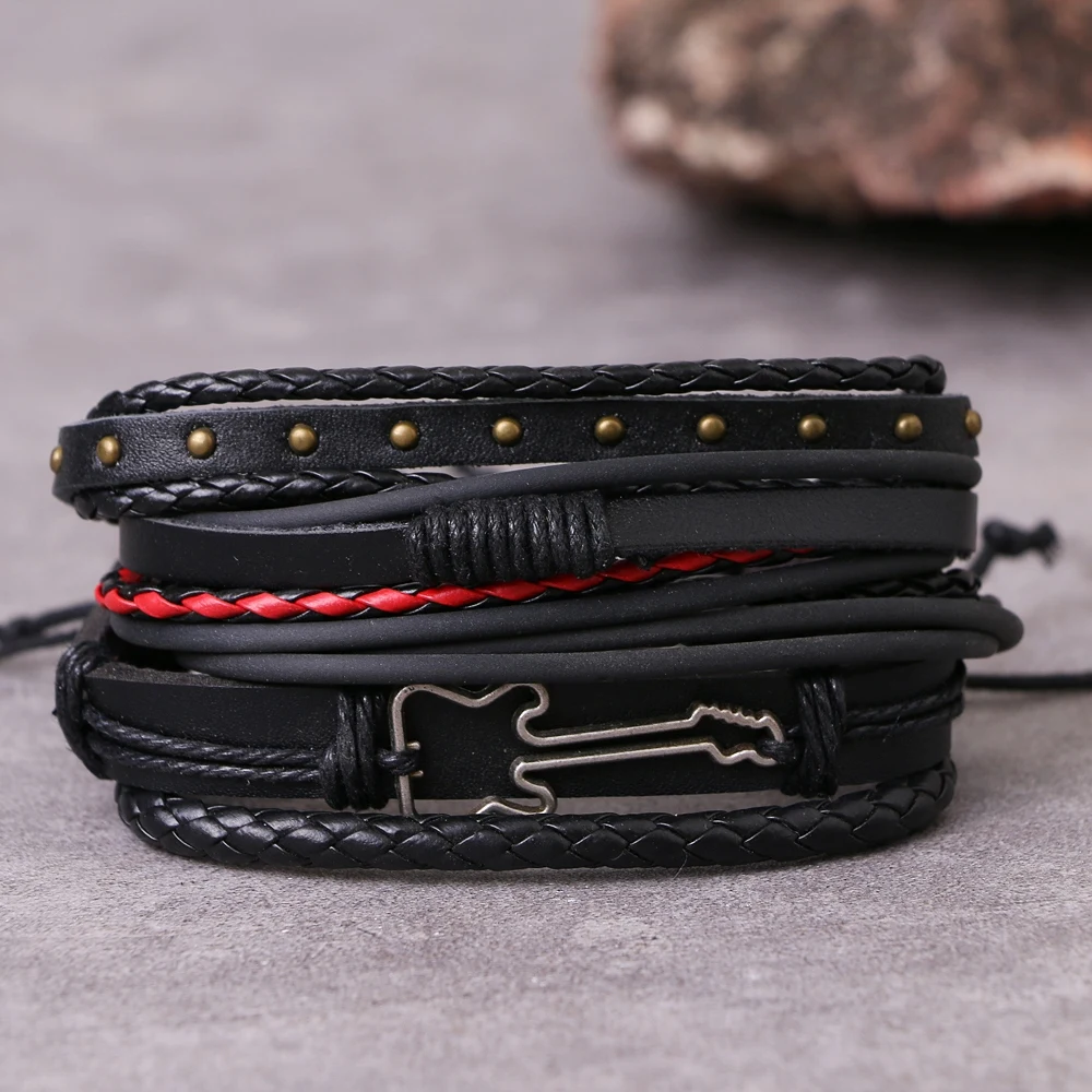 DAXI Punk Multilayer Leather Bracelet Set bracelet jewelry Eye Wings Star Charms Beads Bracelets For Man Party Gothic Jewelry Punk Wrap Wristband