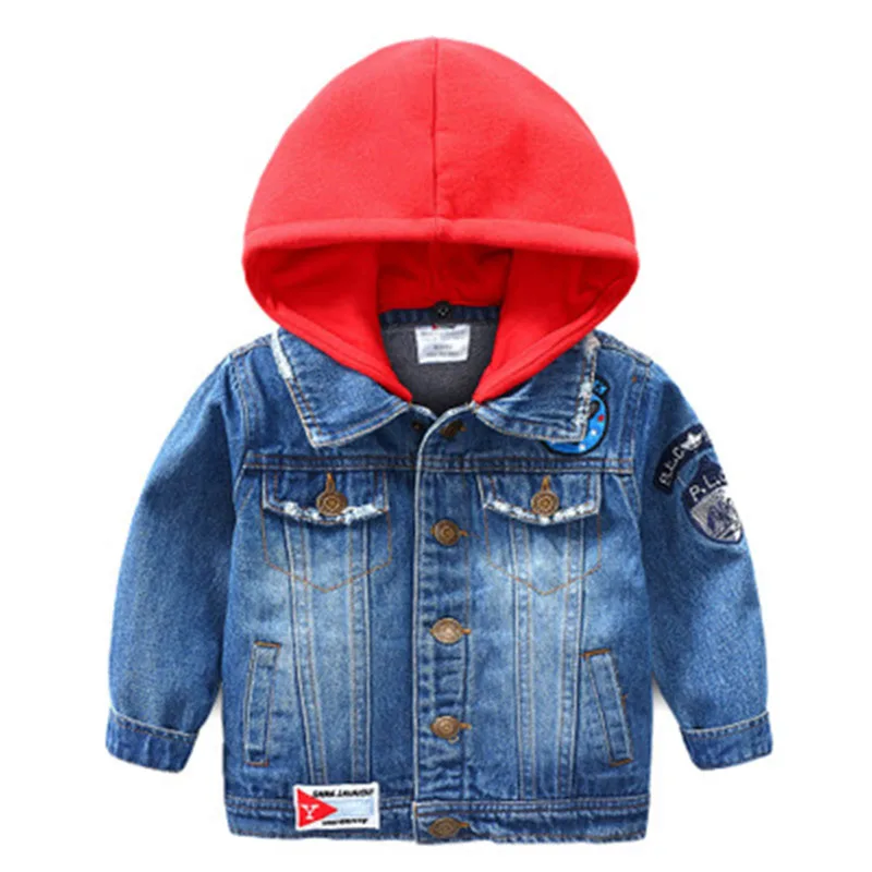 

Boys Denim Jacket Autumn Winter Baby Casual Jackets For Boys Kids Outerwear Blue Coats with red cap Clothes Children 2-8 Year