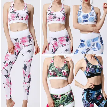 

2020 New Women Two Piece Workout Yoga Leggings + Sports Bra Set Compression Tights Gym Fitness Pants Fitness Exercise Outfits