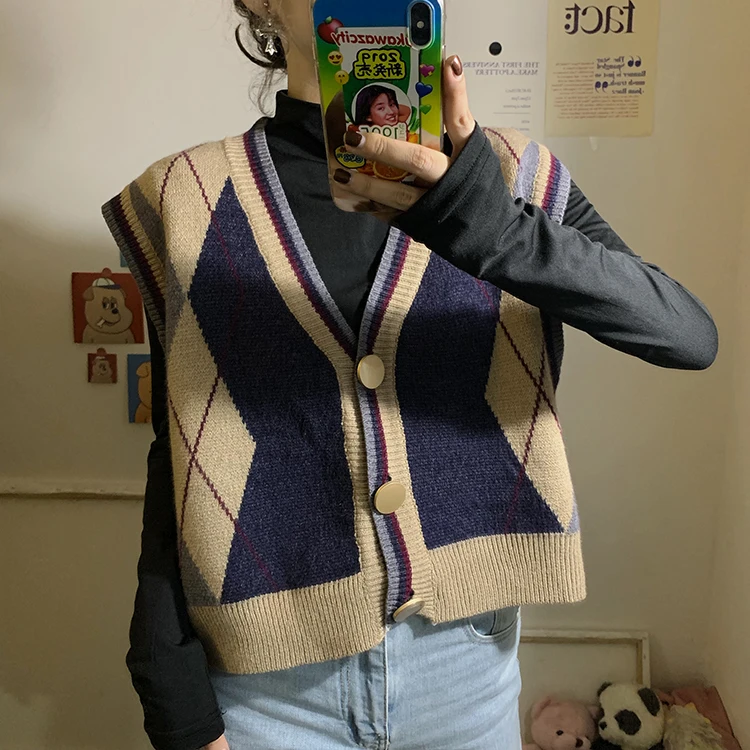 Harajuku, женский свитер, жилеты, винтажный жилет без рукавов, жилет, вязаный жилет для женщин, весна-осень, без рукавов, chaleco mujer
