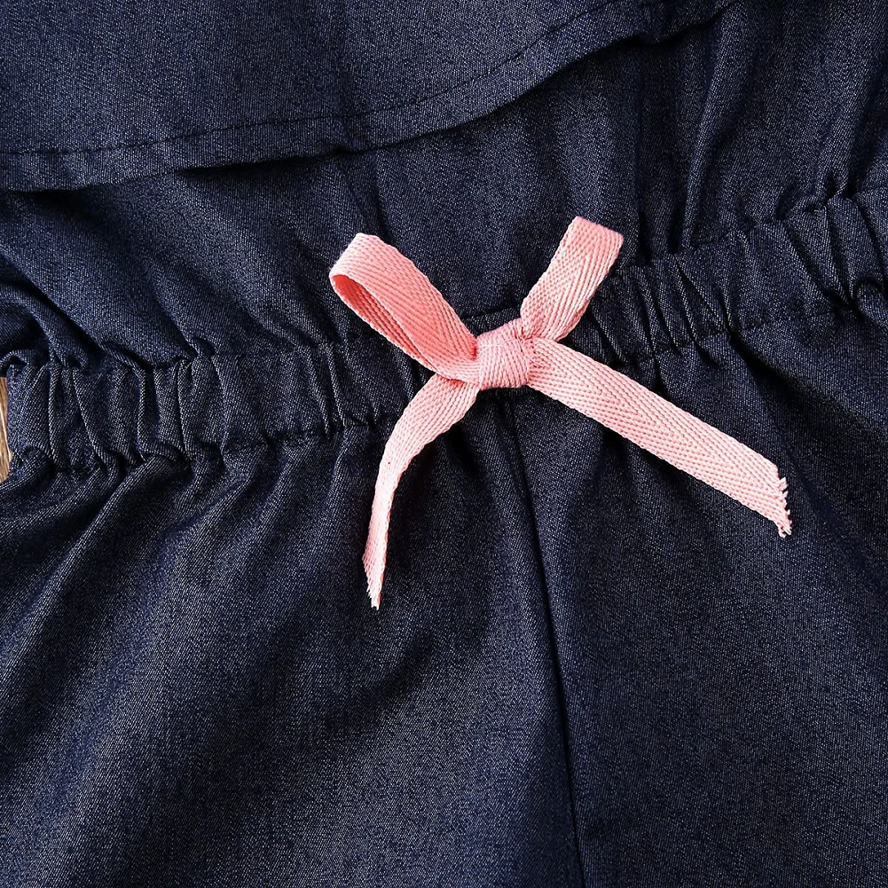 От 0 до 4 лет Летний джинсовый комбинезон; одежда для маленьких девочек; комбинезон без рукавов с рюшами и бантом; короткие штаны
