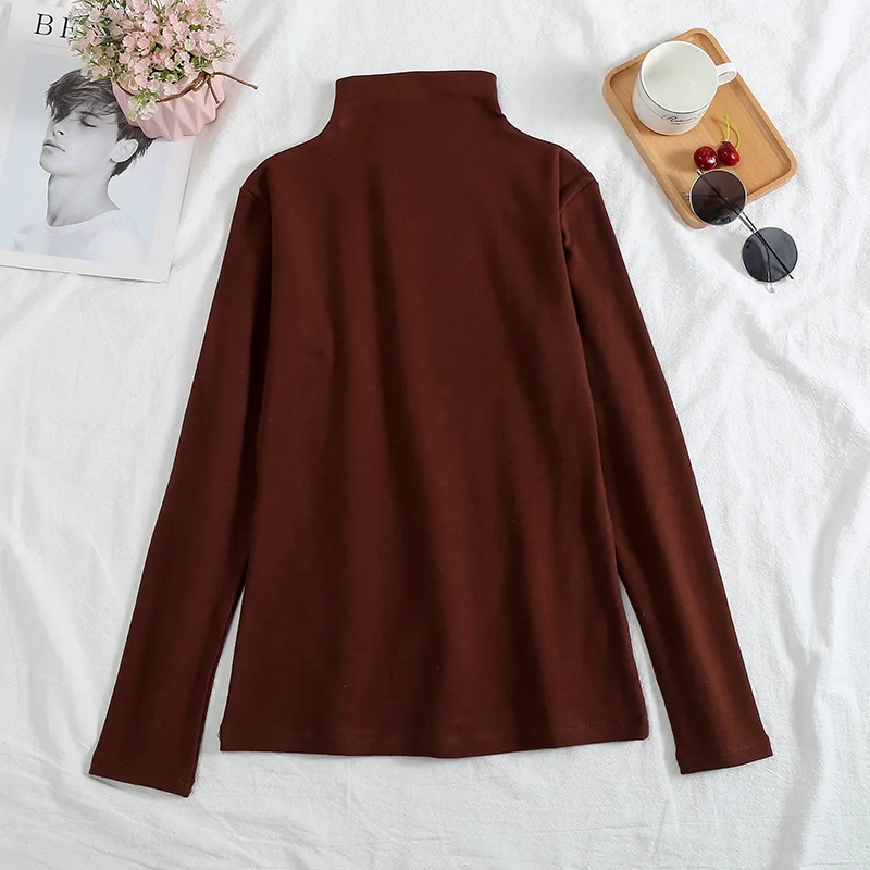 Dark Brown Женская тонкая футболка с длинным рукавом размера плюс, Женская Осенняя новинка, Корейская водолазка, футболка с графическим рисунком, женская футболка с подпокрытием - Цвет: Dark Brown