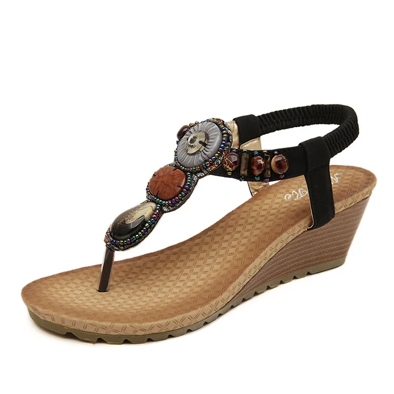 

074-B3 New Style 2019 Summer WOMEN'S Shoes Bohemian Ethnic-Style Beaded Bracelet Slanted Heel Foreign Trade Comfortable Large Si