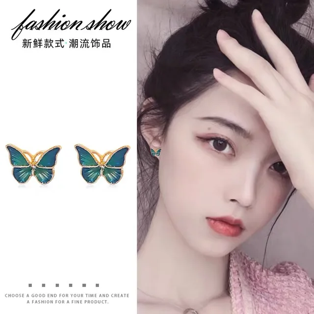 Korean Fashion Simple Butterfly Tassel Earrings For Girls Women Piercing Long Earrings 2021 Trend Hanging Metal Ear Cuff Jewelry A pair blue