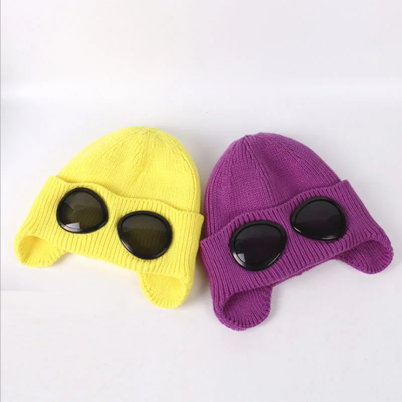 Fashion Cool Cashmere Knitted Hat With Sunglasses Female Winter Sports Cap Protect Neck Warm Outdoor Skiing Cap