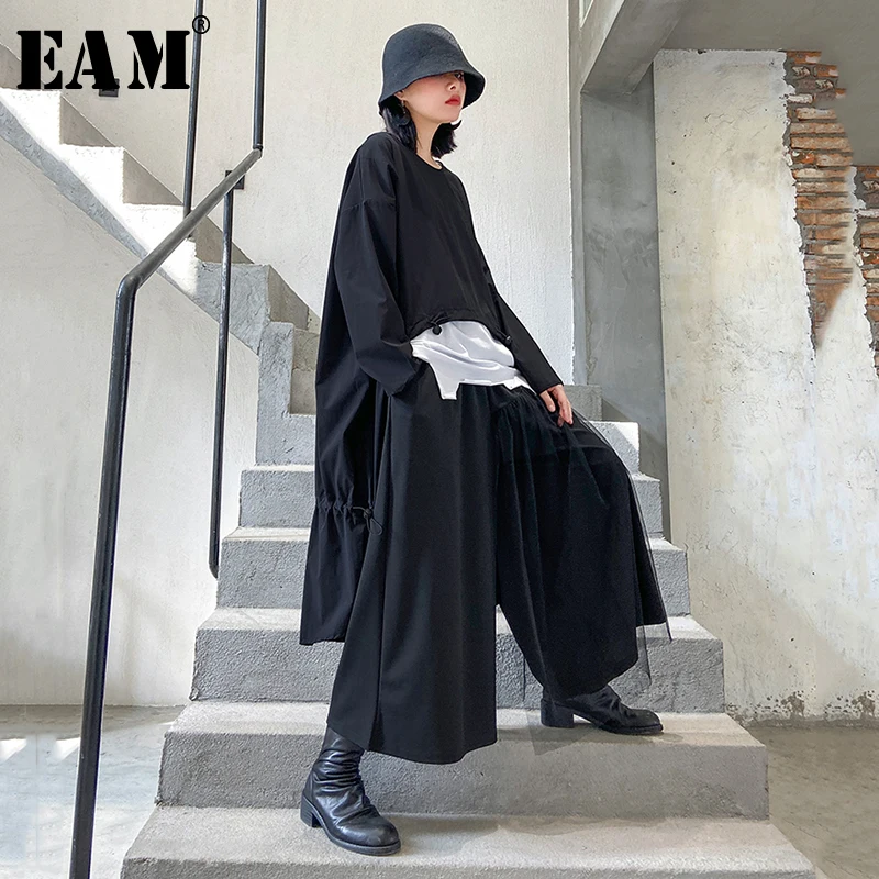 

[EAM] Women Black Bak Long Two Piece Big Size Dress New Round Neck Long Sleeve Loose Fit Fashion Tide Spring Autumn 2020 1R471