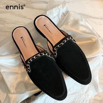 

ENNIS Flat Mule Shoes Women Genuine Leather Slippers Closed Toe Suede Slippers Fashion Beige Black Shoes With Chain Spring M0006