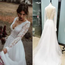Длинные рукава Свадебные платья Кружева Тюль Свадебные платья с глубоким вырезом на спине полная длина Vestidos De Novia v-образным вырезом на заказ А-силуэт