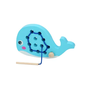 

Children's wooden toy little Blue whale threading board, rope puzzle game, DIY threading boy girl