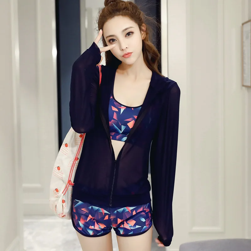 

Bathing Suit Women's Three-piece Set Split Type Conservative Boxer Small Bust Korean-style Sports Hooded Fashion Blouse Couples