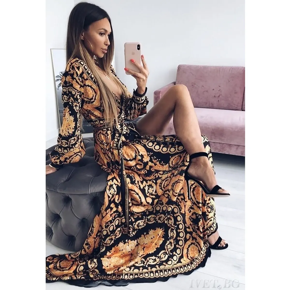 

Spring Summer Maxi Dresses 2020 European and American-Style Hot Selling Vintage Printed Sexy Expandable Slit V-neck Dress