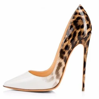 

Sexy Leopard Patent Leather Stiletto Heels Shoes 12CM Pointed toe Gradient Color Printed Patchwork Dress Shoes Size 13