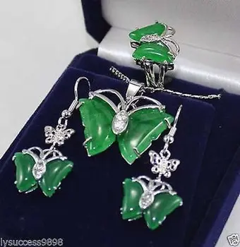 

new Style Hot sale**** Set Pretty butterfly green jade pendant Necklace earrings ring Fashion Wedding Party Jewellery