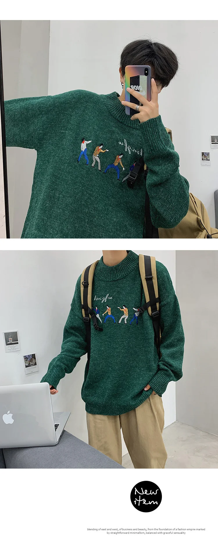Autumn New Cartoon Men's Sweater Ins Hong Kong Sweaters Long Sleeve O-neck Korean Loose Thick Male Sweaters Sueter De Hombre
