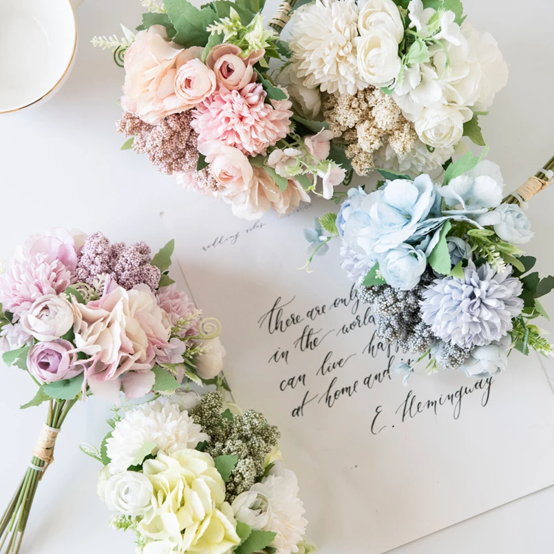 

Artificial Flowers Handmade Hydrangea Tea Rose Bridal Bouquet Christmas Decoration Vase for Home Wedding Scrapbooking Fake Plant