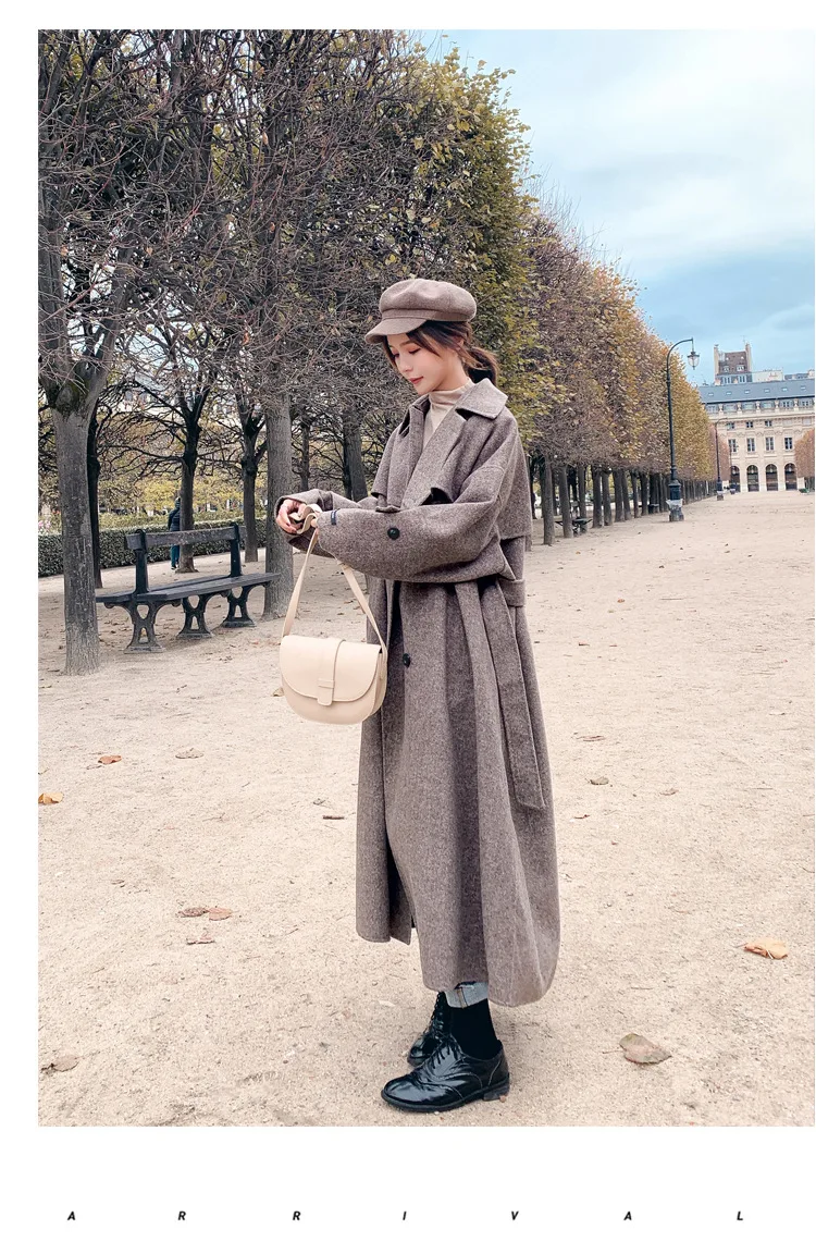 Шерстяная куртка для фотосессии, женская, средней длины,, стиль, осень и зима, корейский стиль, свободный крой, с разрезом, элегантная, выше колена